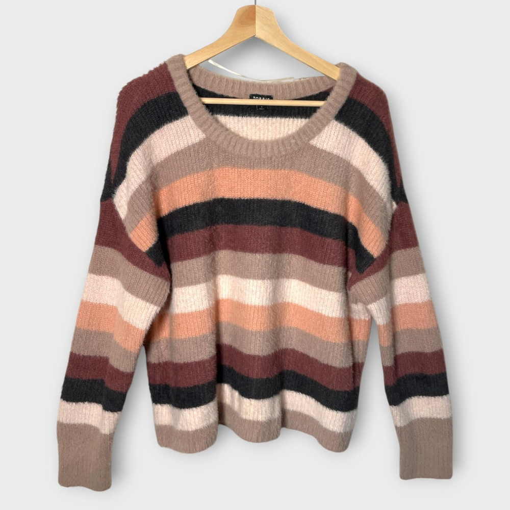 TORRID Fuzzy Yarn Pullover Sweater SZ 1 (1X) Drop Shoulder Stripes EUC